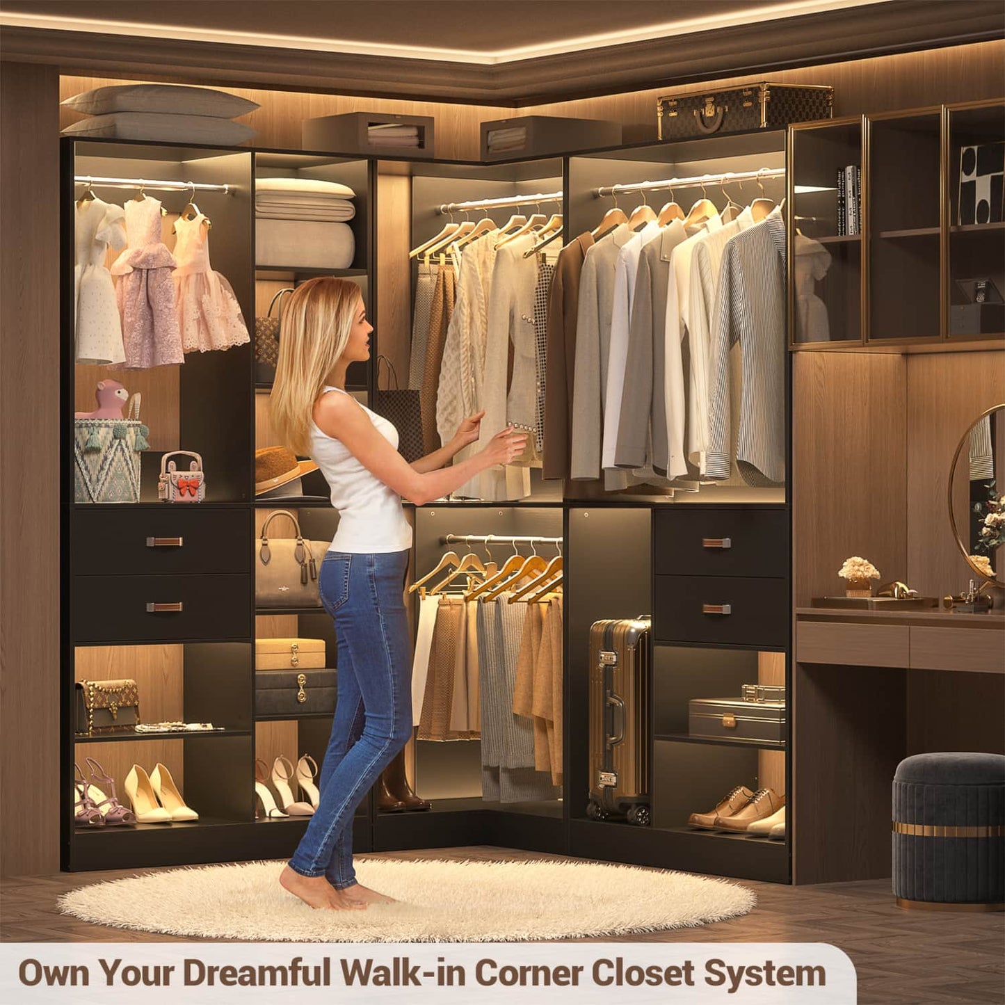 Corner Closet Organizer with Hanging Rods, Freestanding Closet System