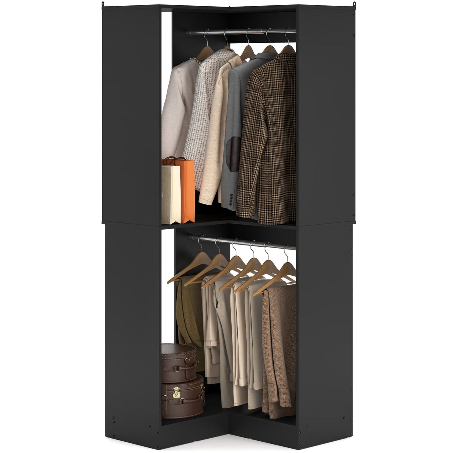 Corner Closet Organizer with Hanging Rods, Freestanding Closet System