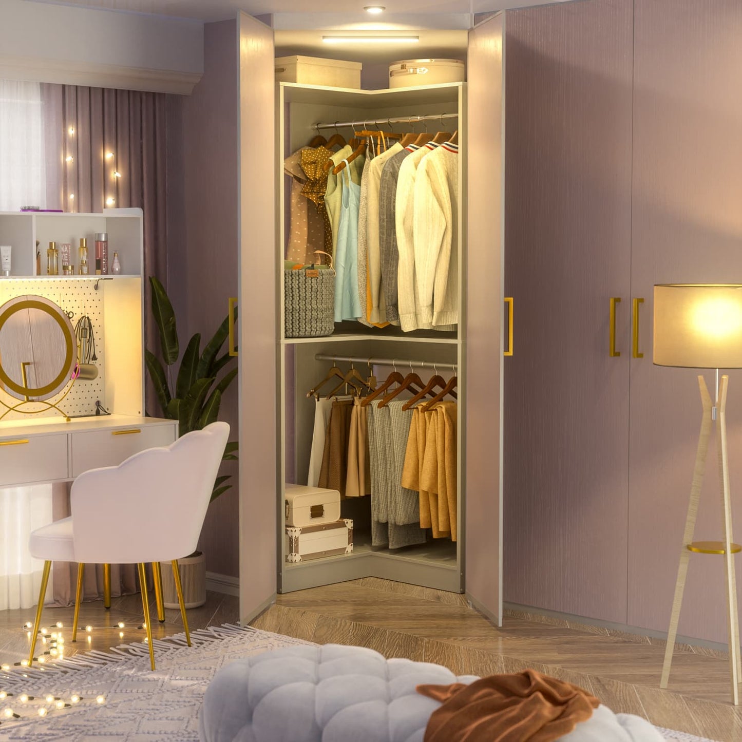 Corner Closet Organizer with Hanging Rods, Freestanding Closet System