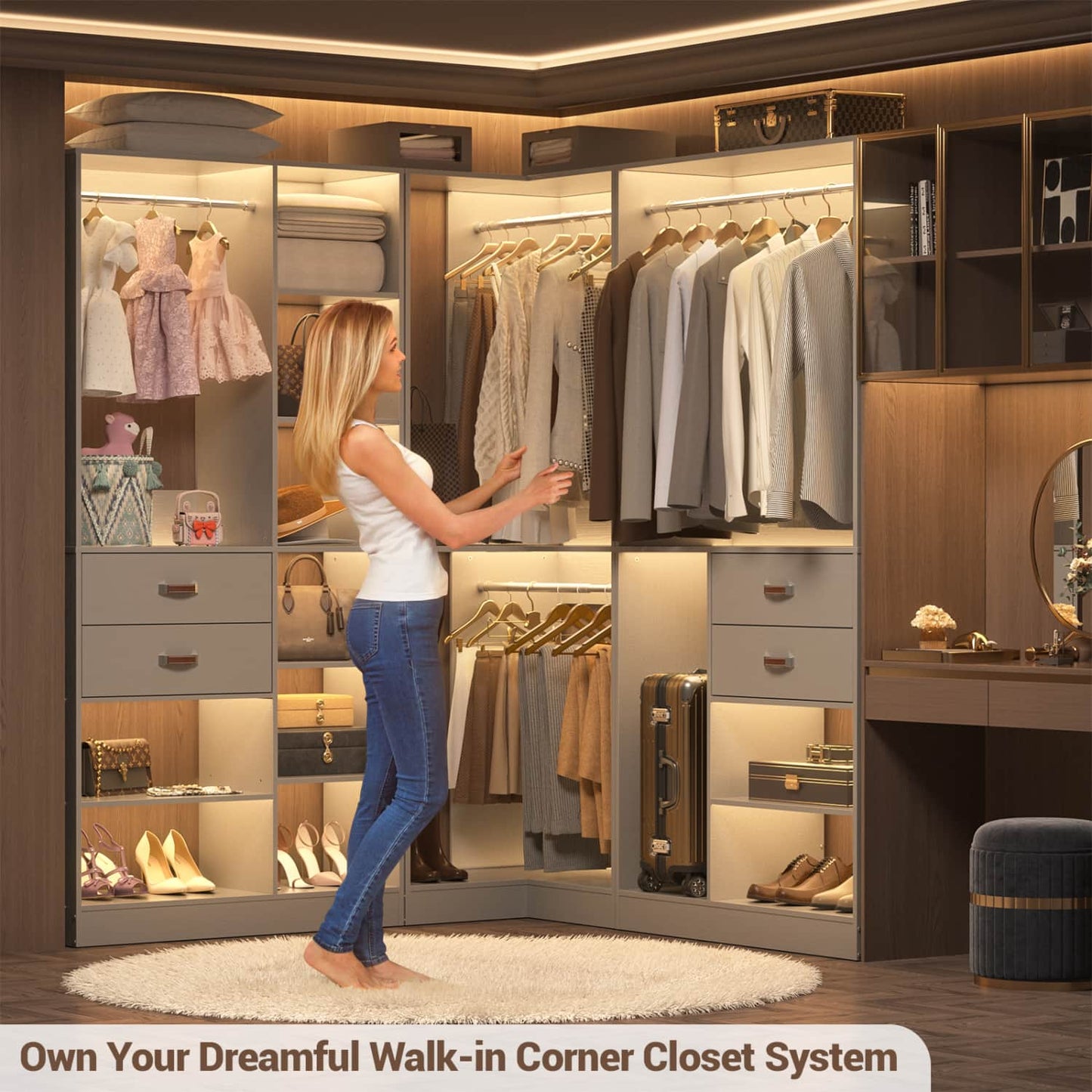 Corner Closet Organizer with Hanging Rods, Freestanding Closet System