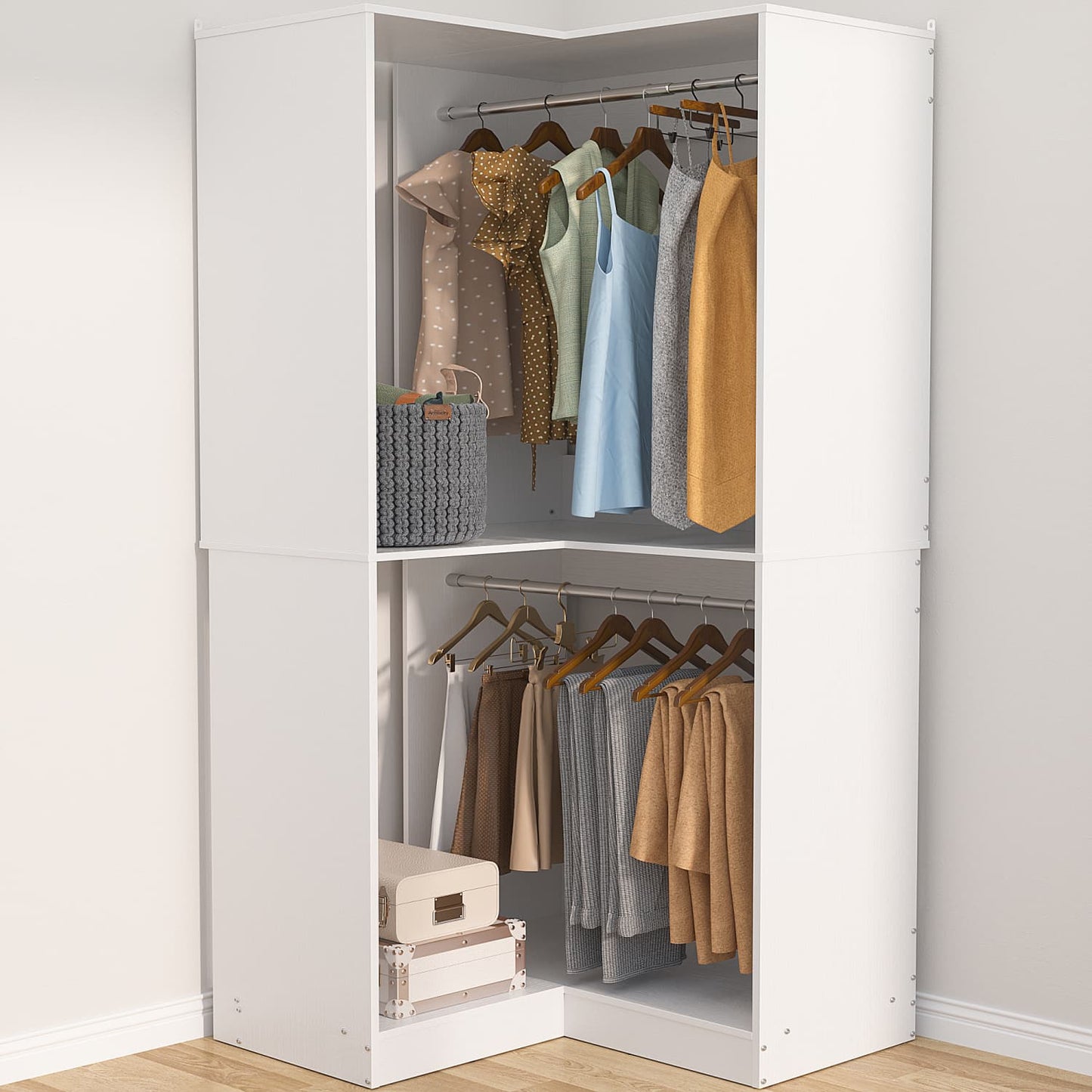 Corner Closet Organizer with Hanging Rods, Freestanding Closet System