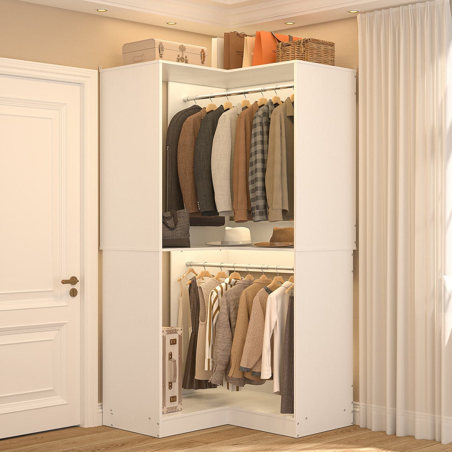 Corner Closet Organizer with Hanging Rods, Freestanding Closet System