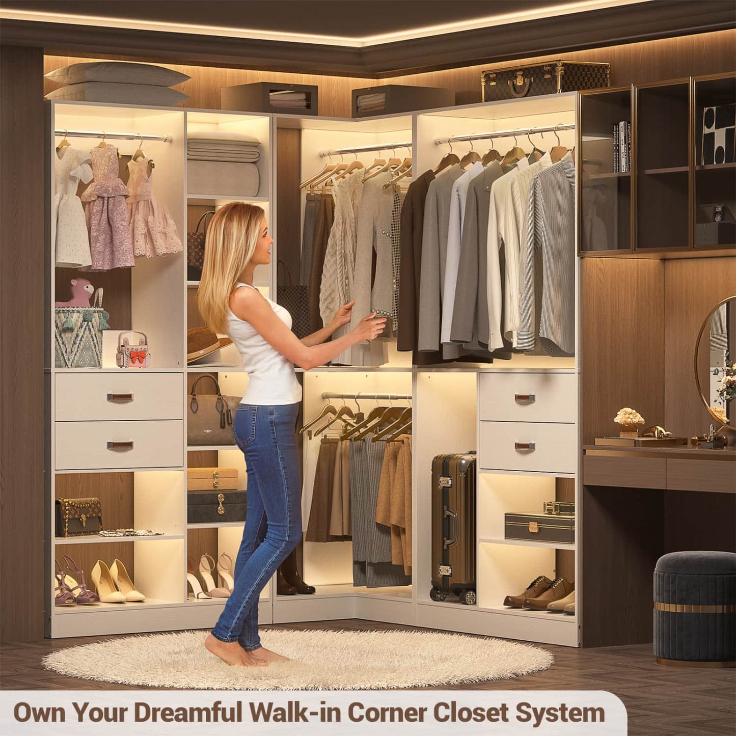 Corner Closet Organizer with Hanging Rods, Freestanding Closet System