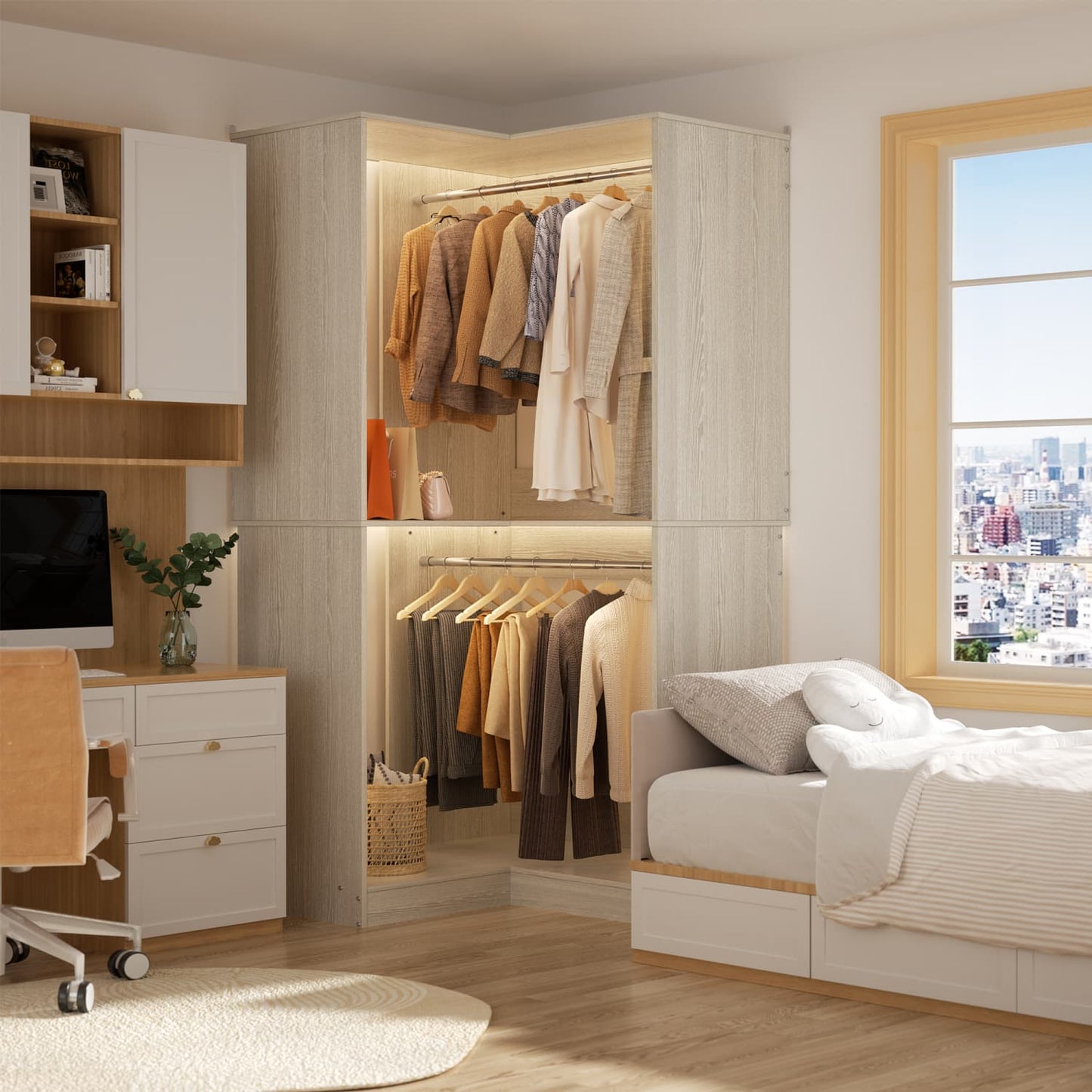 Corner Closet Organizer with Hanging Rods, Freestanding Closet System
