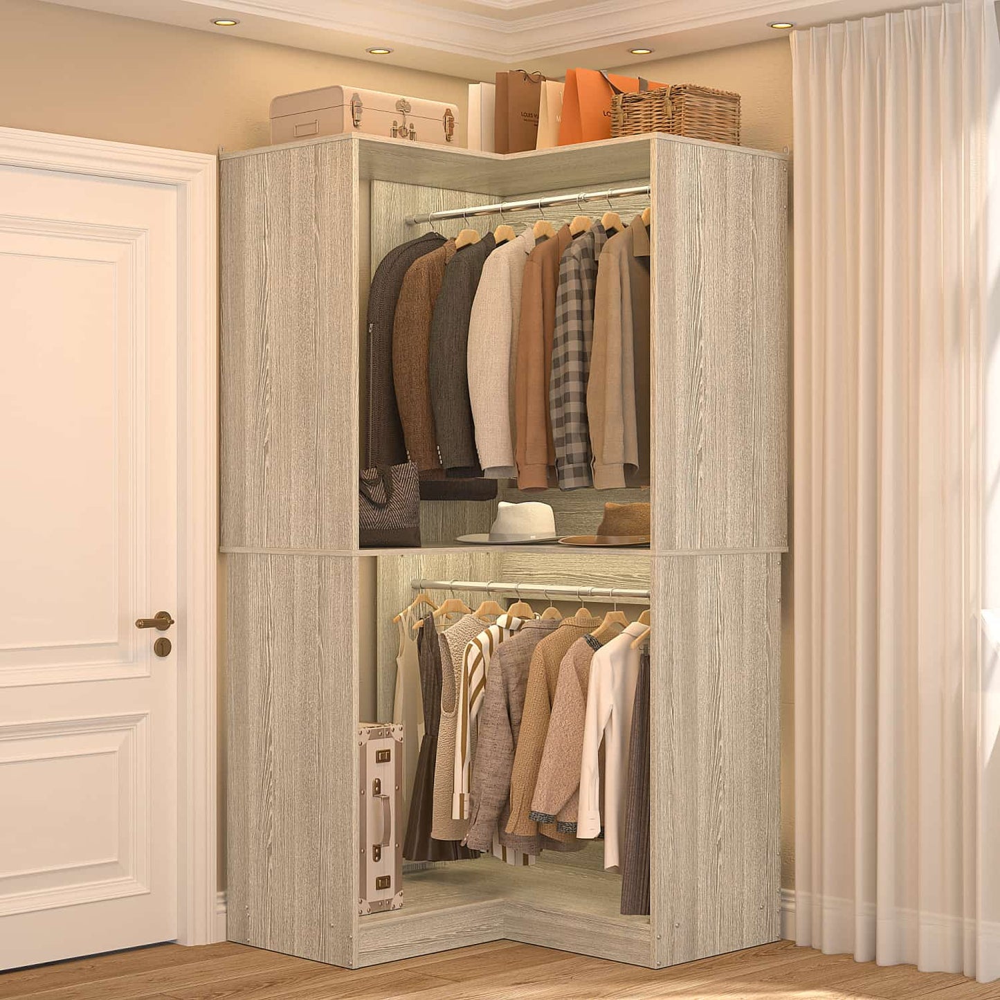 Corner Closet Organizer with Hanging Rods, Freestanding Closet System