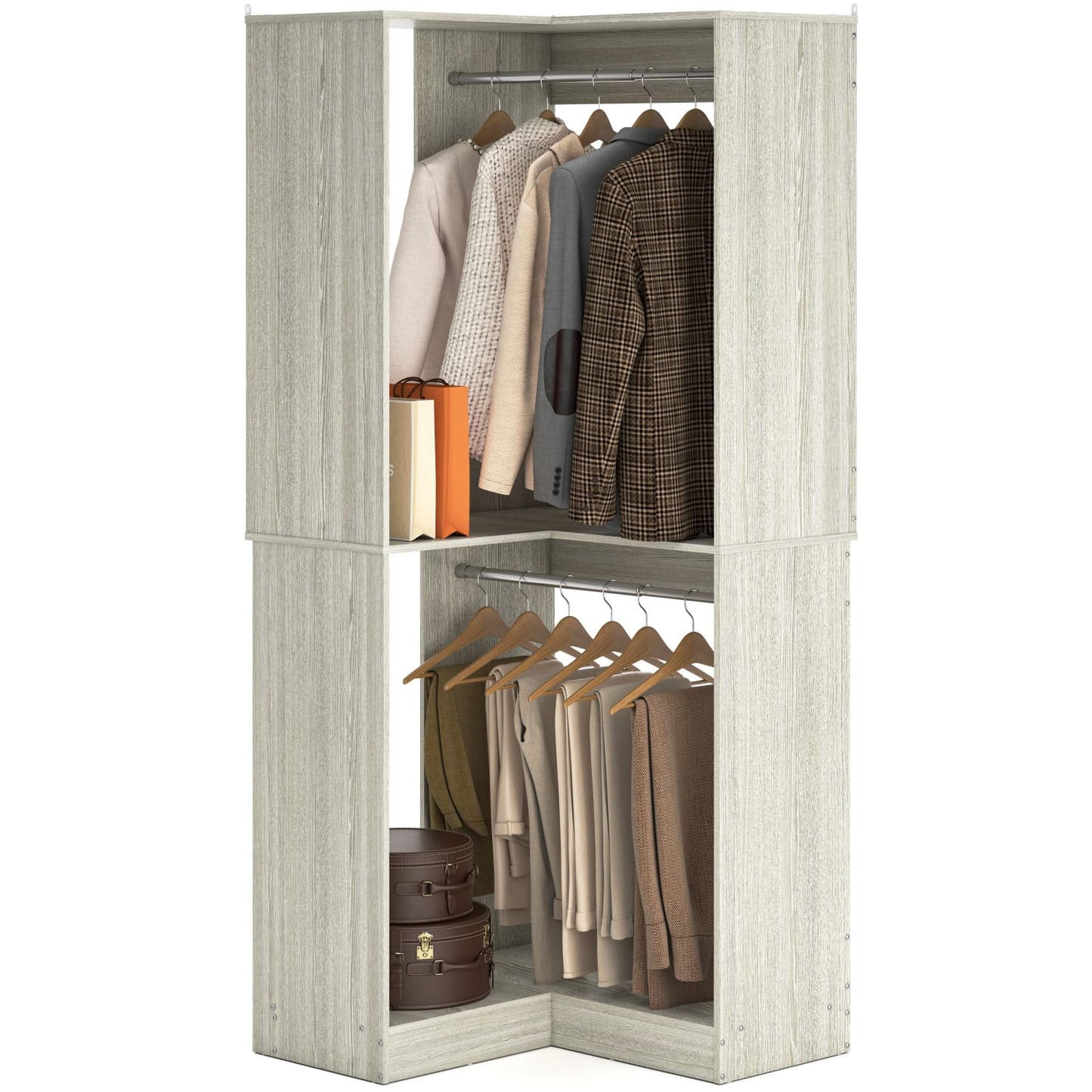 Corner Closet Organizer with Hanging Rods, Freestanding Closet System