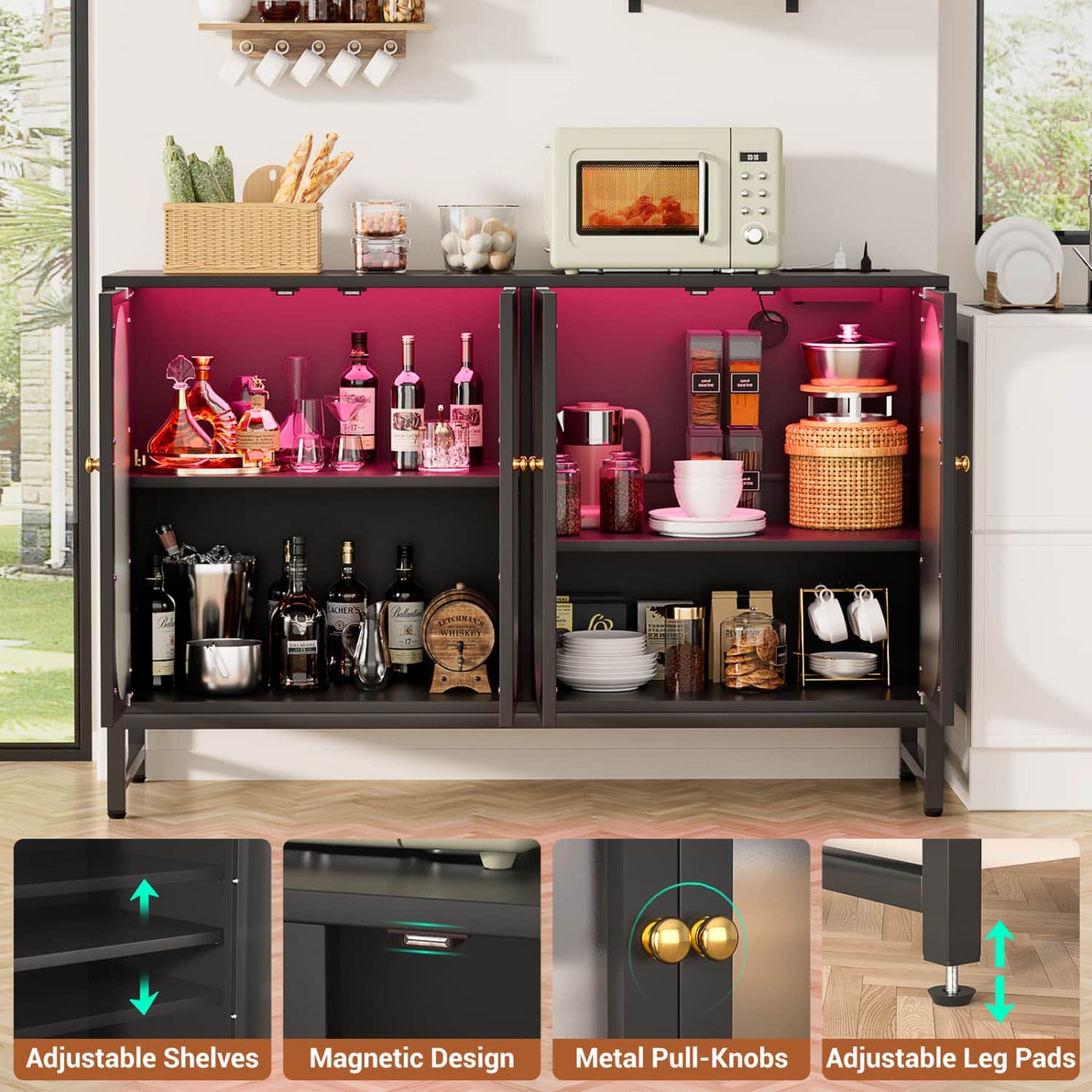 47-In Accent Bar Cabinet with Charging Station, Kitchen Buffet Sideboard