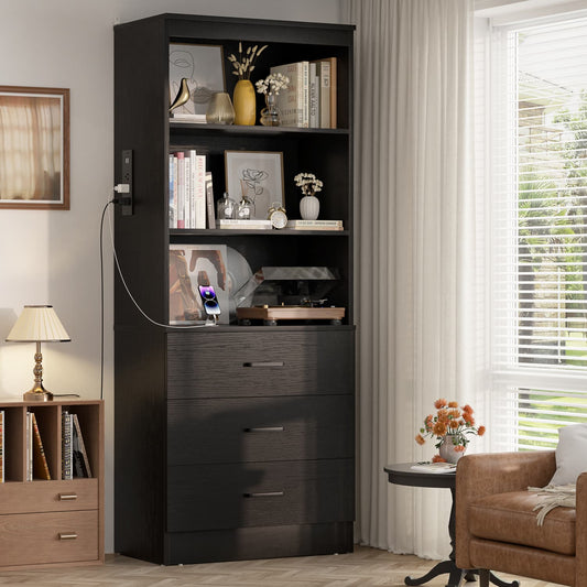 Bookcase with Charging Station, Storage Bookshelves with Wood Drawers