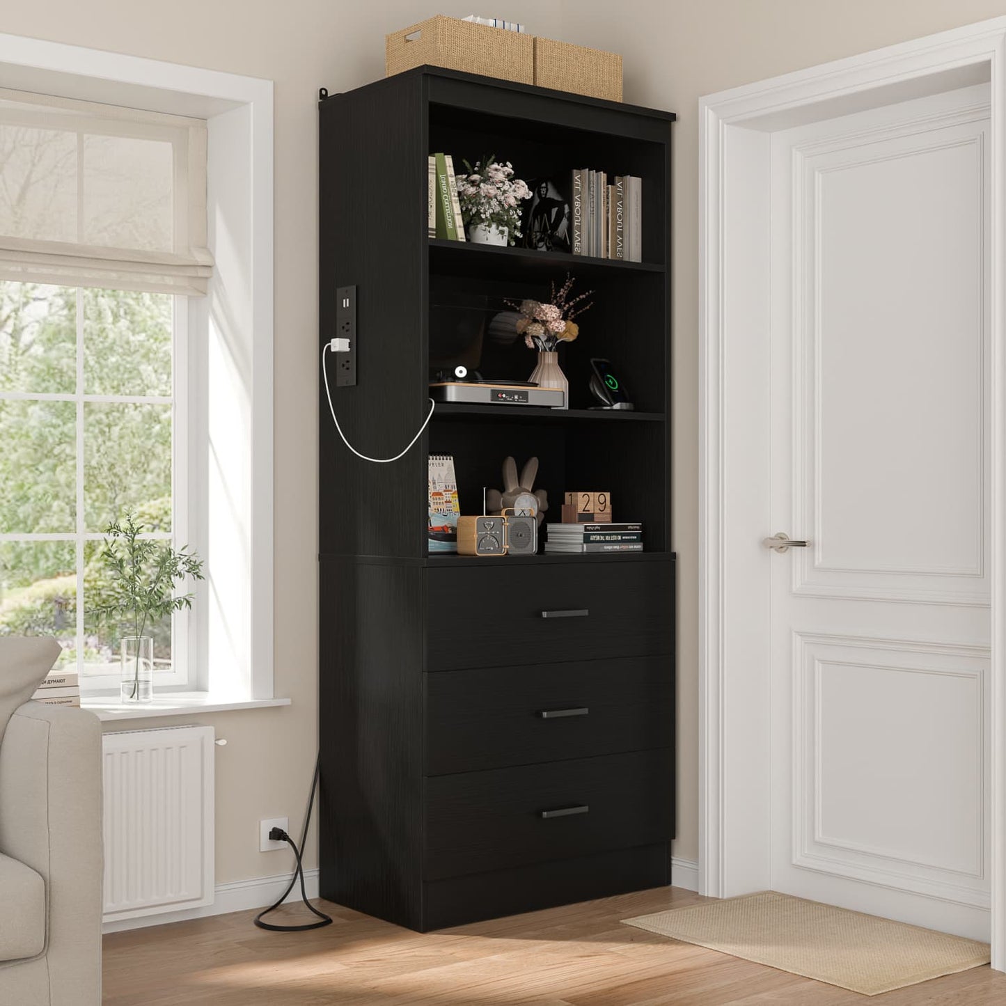 Bookcase with Charging Station, Storage Bookshelves with Wood Drawers