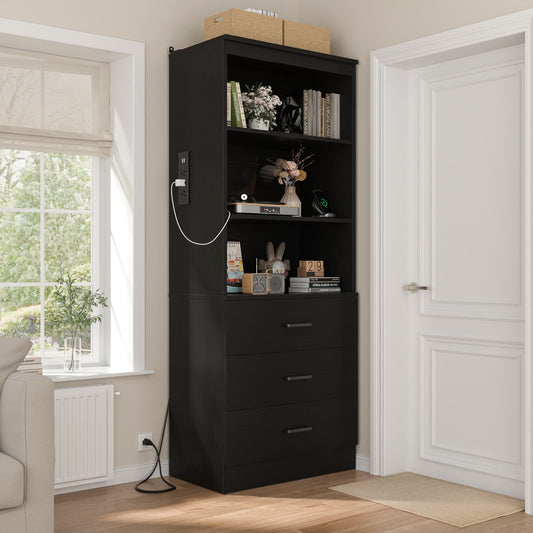 Bookcase with Charging Station, Storage Bookshelves with Wood Drawers