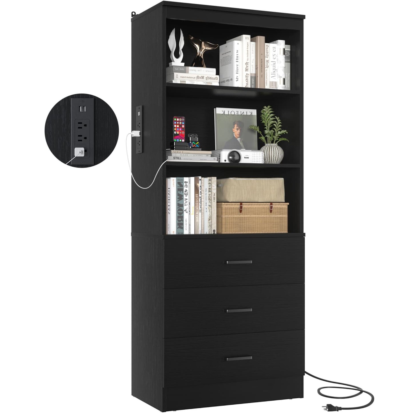 Bookcase with Charging Station, Storage Bookshelves with Wood Drawers