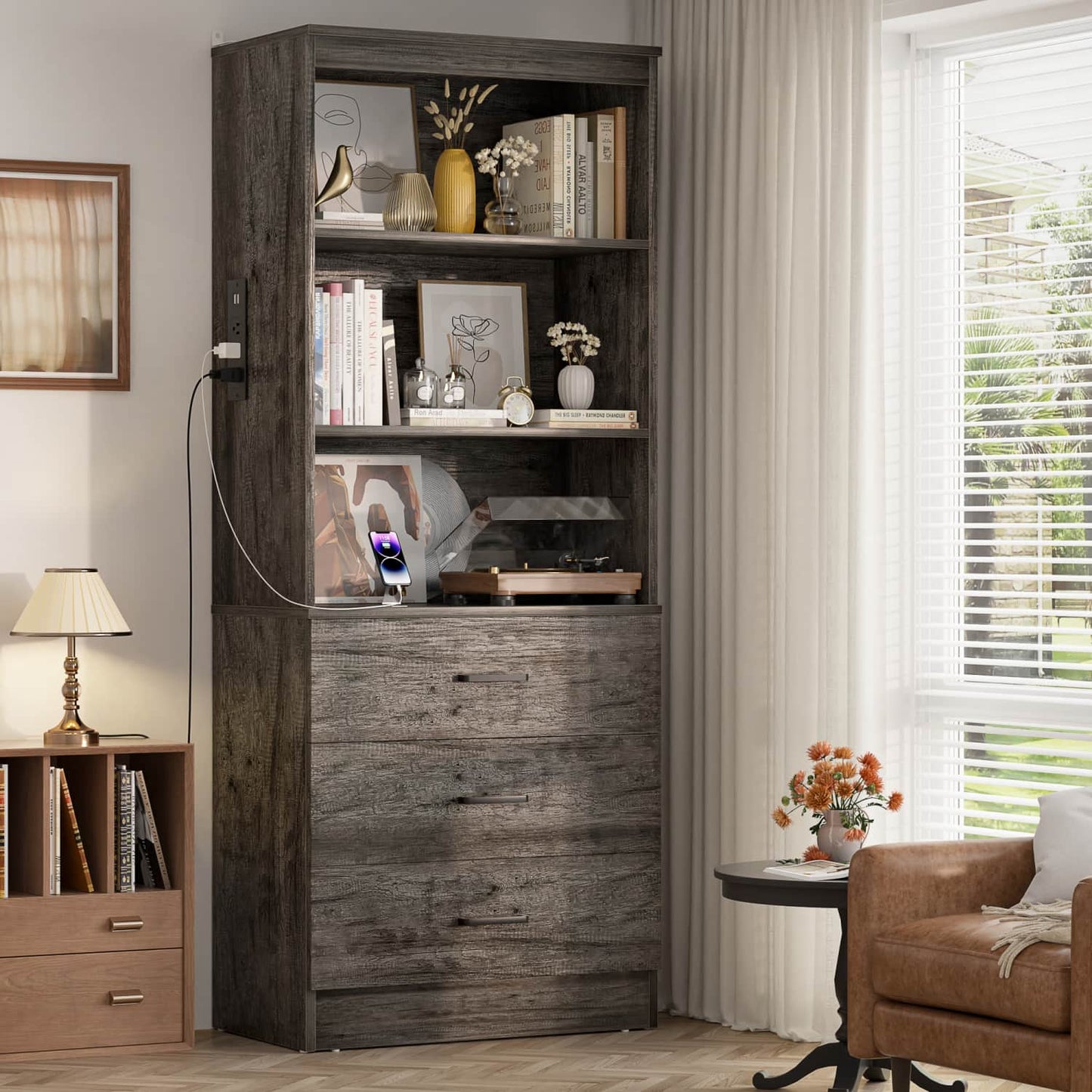 Bookcase with Charging Station, Storage Bookshelves with Wood Drawers
