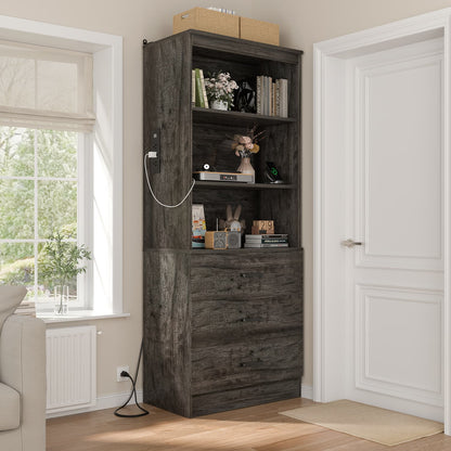 Bookcase with Charging Station, Storage Bookshelves with Wood Drawers