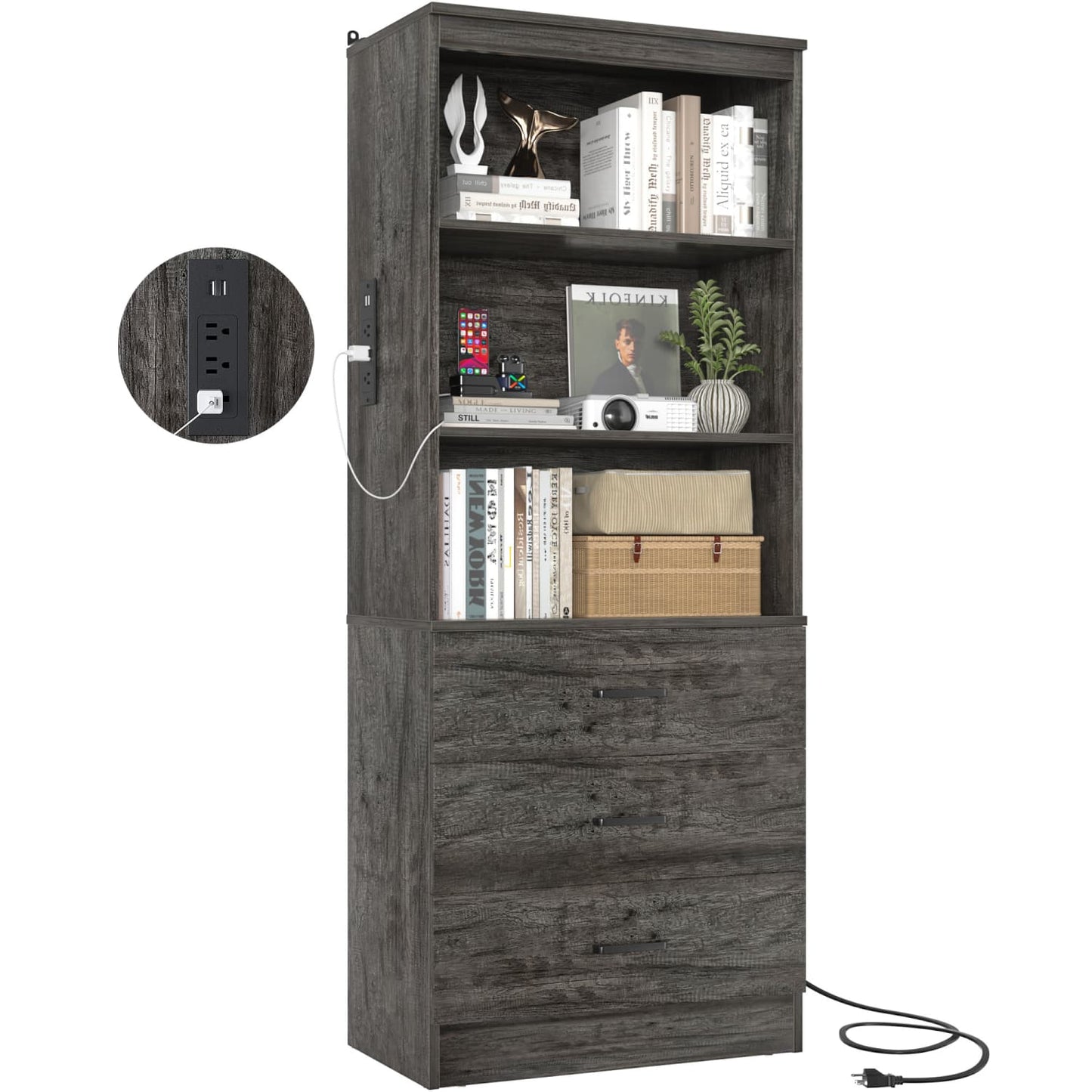 Bookcase with Charging Station, Storage Bookshelves with Wood Drawers