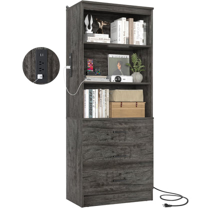 Bookcase with Charging Station, Storage Bookshelves with Wood Drawers