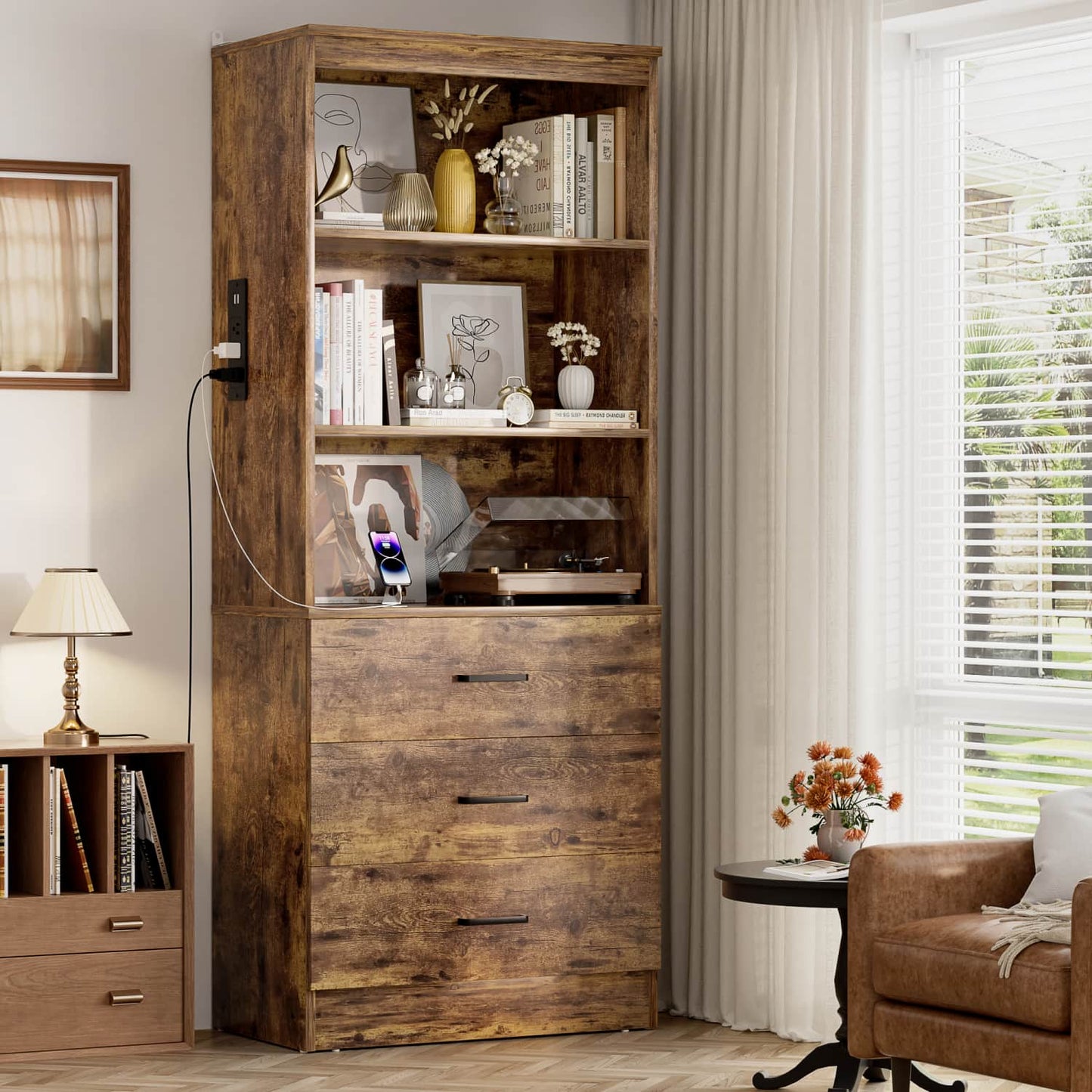 Bookcase with Charging Station, Storage Bookshelves with Wood Drawers