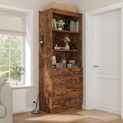 Bookcase with Charging Station, Storage Bookshelves with Wood Drawers