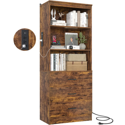 Bookcase with Charging Station, Storage Bookshelves with Wood Drawers