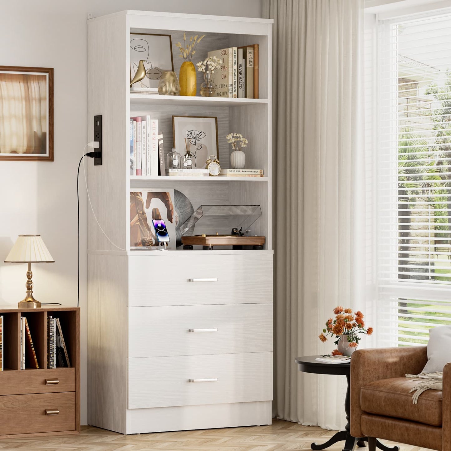 Bookcase with Charging Station, Storage Bookshelves with Wood Drawers
