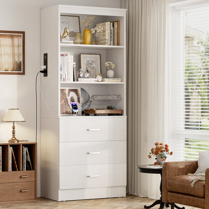 Bookcase with Charging Station, Storage Bookshelves with Wood Drawers