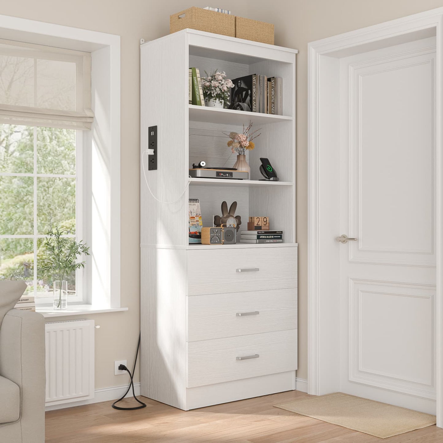 Bookcase with Charging Station, Storage Bookshelves with Wood Drawers