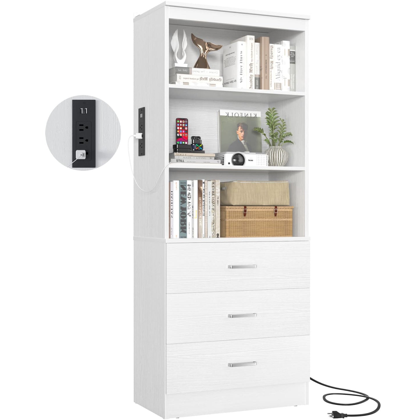 Bookcase with Charging Station, Storage Bookshelves with Wood Drawers