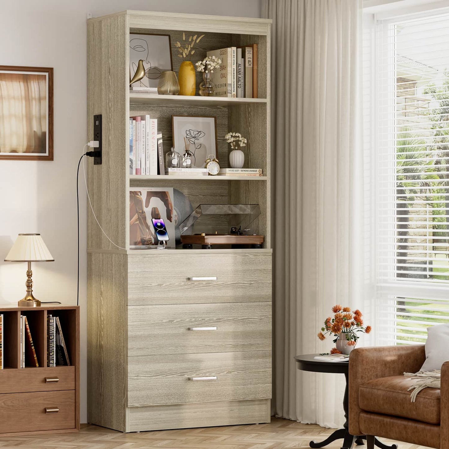 Bookcase with Charging Station, Storage Bookshelves with Wood Drawers