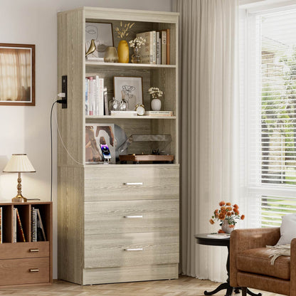 Bookcase with Charging Station, Storage Bookshelves with Wood Drawers
