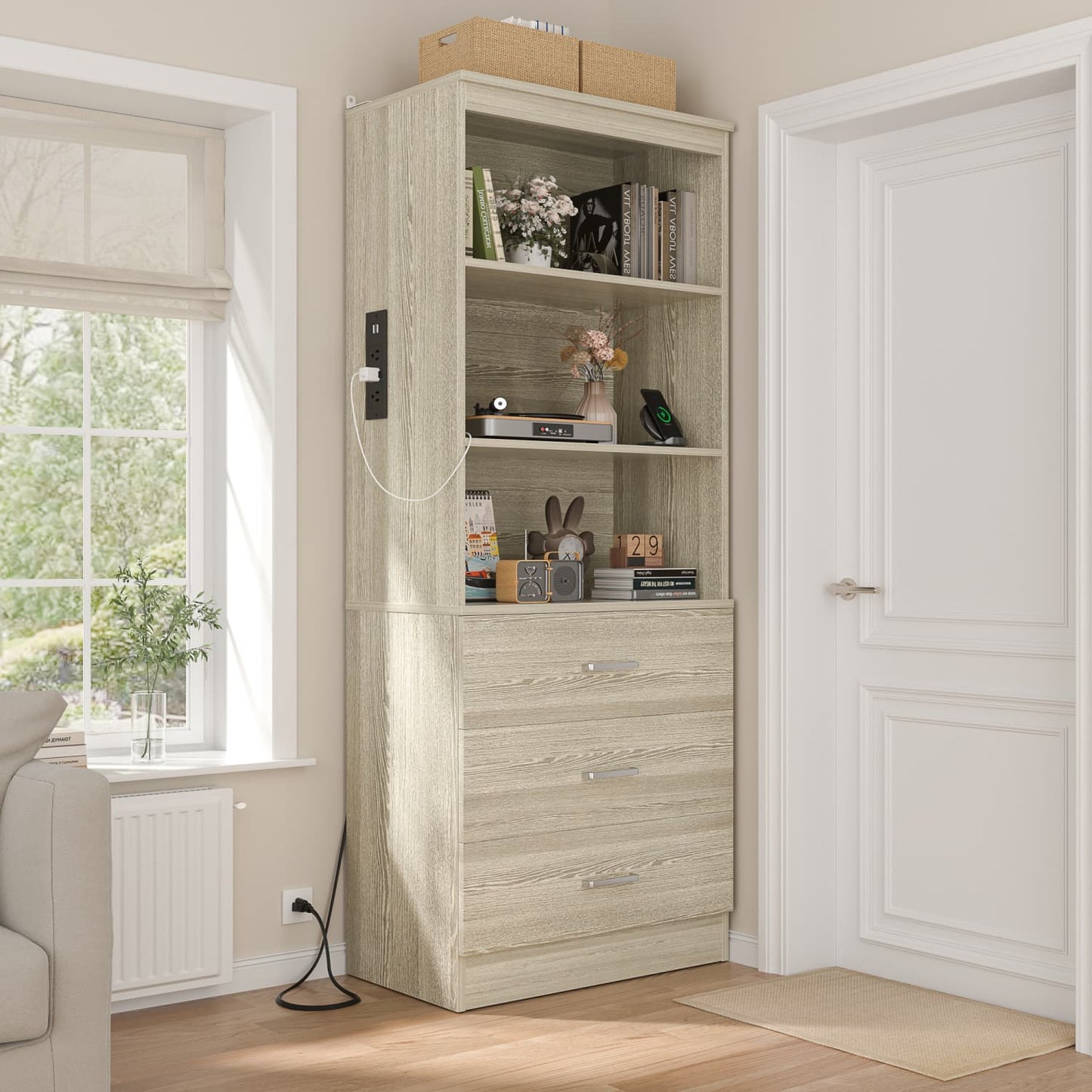 Bookcase with Charging Station, Storage Bookshelves with Wood Drawers