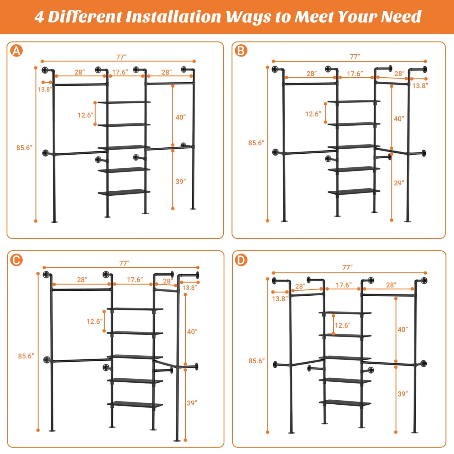 77-In Heavy-duty Garment Rack with Storage Shelves, Pipe Closet Organizer with 4 Hanging Rods