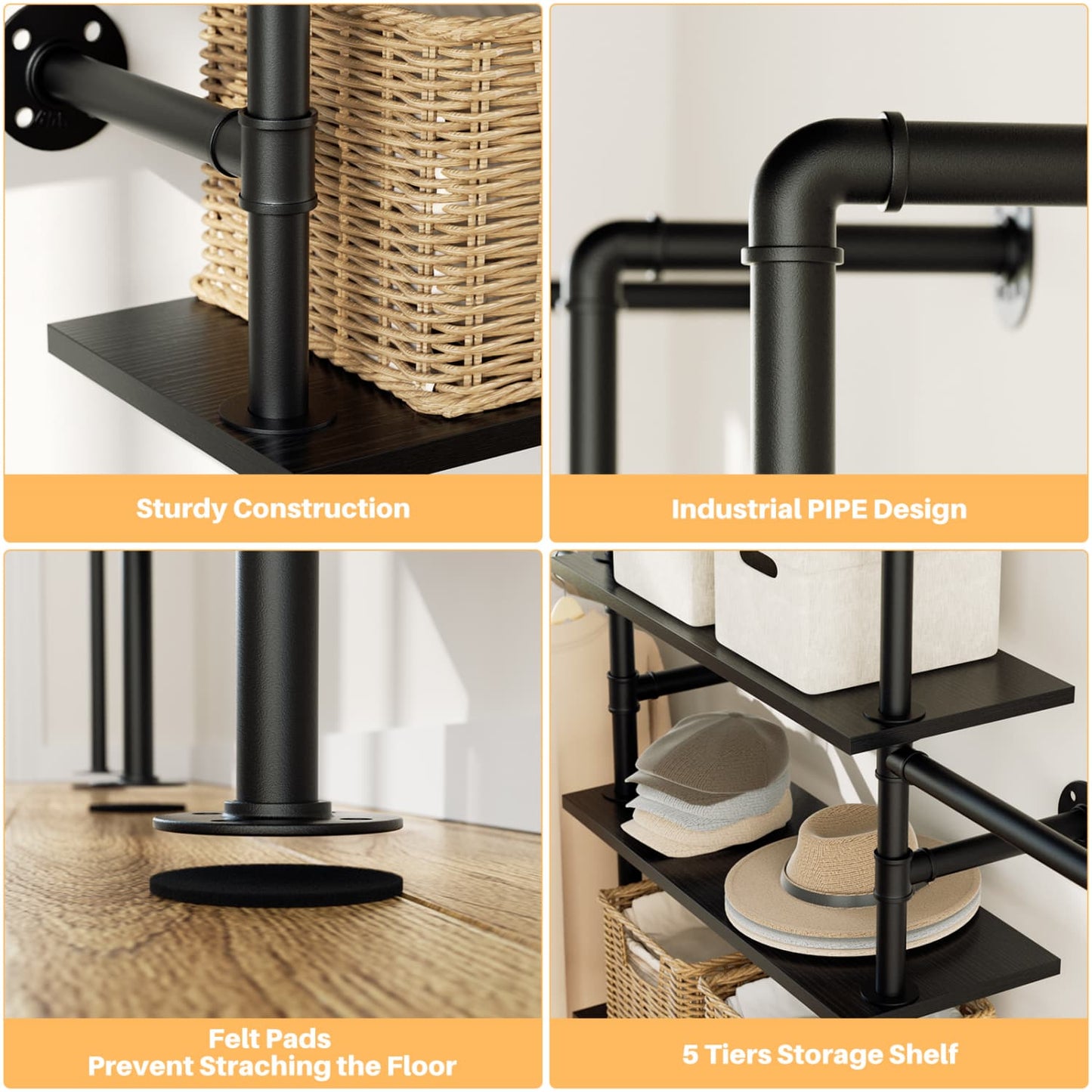 77-In Heavy-duty Garment Rack with Storage Shelves, Pipe Closet Organizer with 4 Hanging Rods