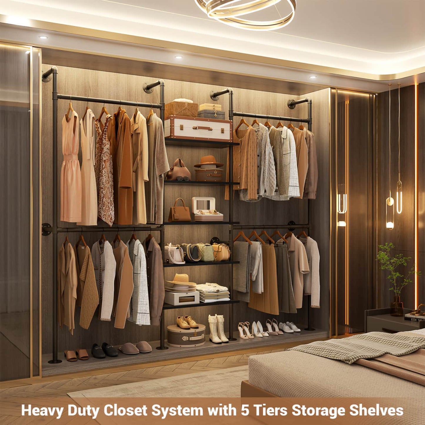 77-In Heavy-duty Garment Rack with Storage Shelves, Pipe Closet Organizer with 4 Hanging Rods