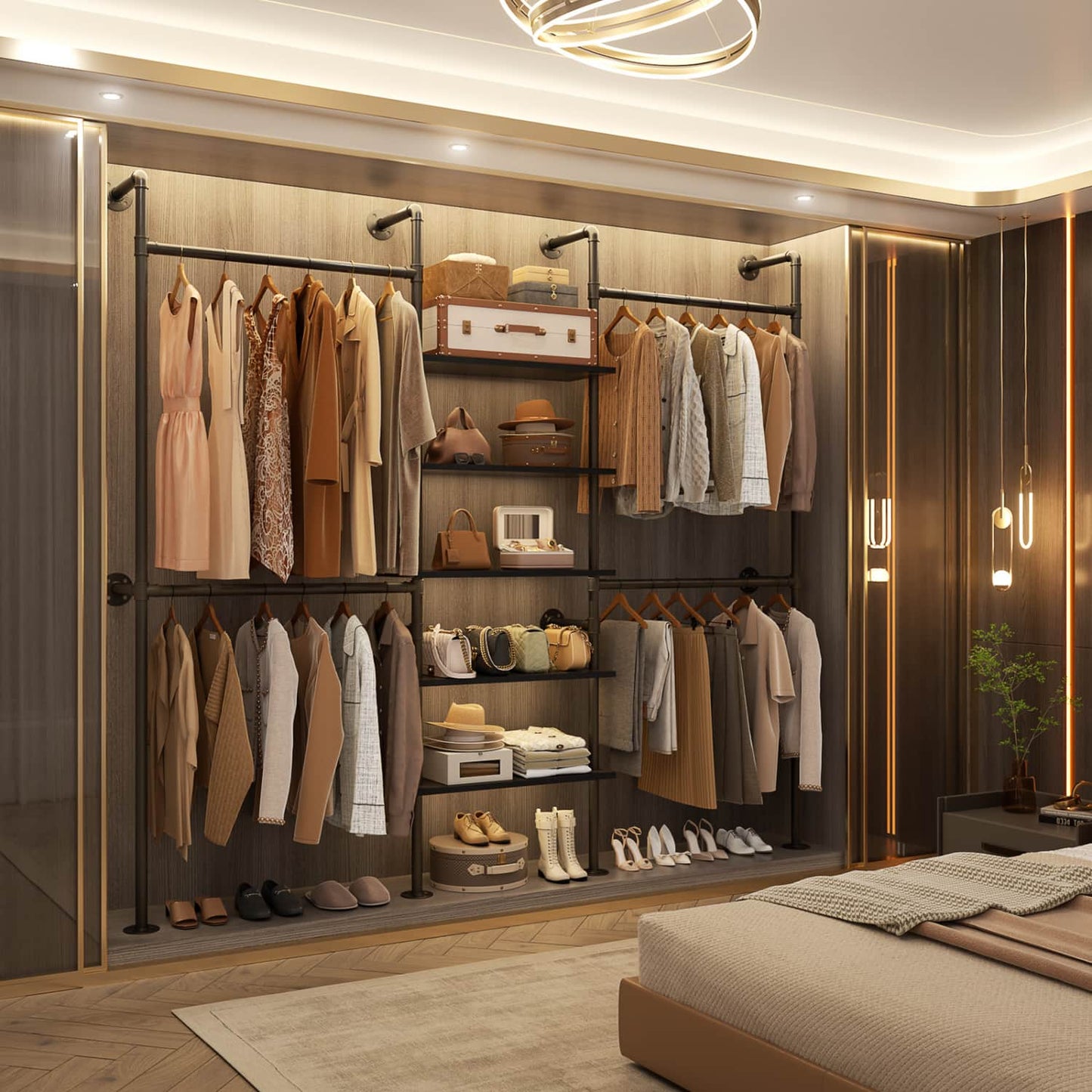 77-In Heavy-duty Garment Rack with Storage Shelves, Pipe Closet Organizer with 4 Hanging Rods