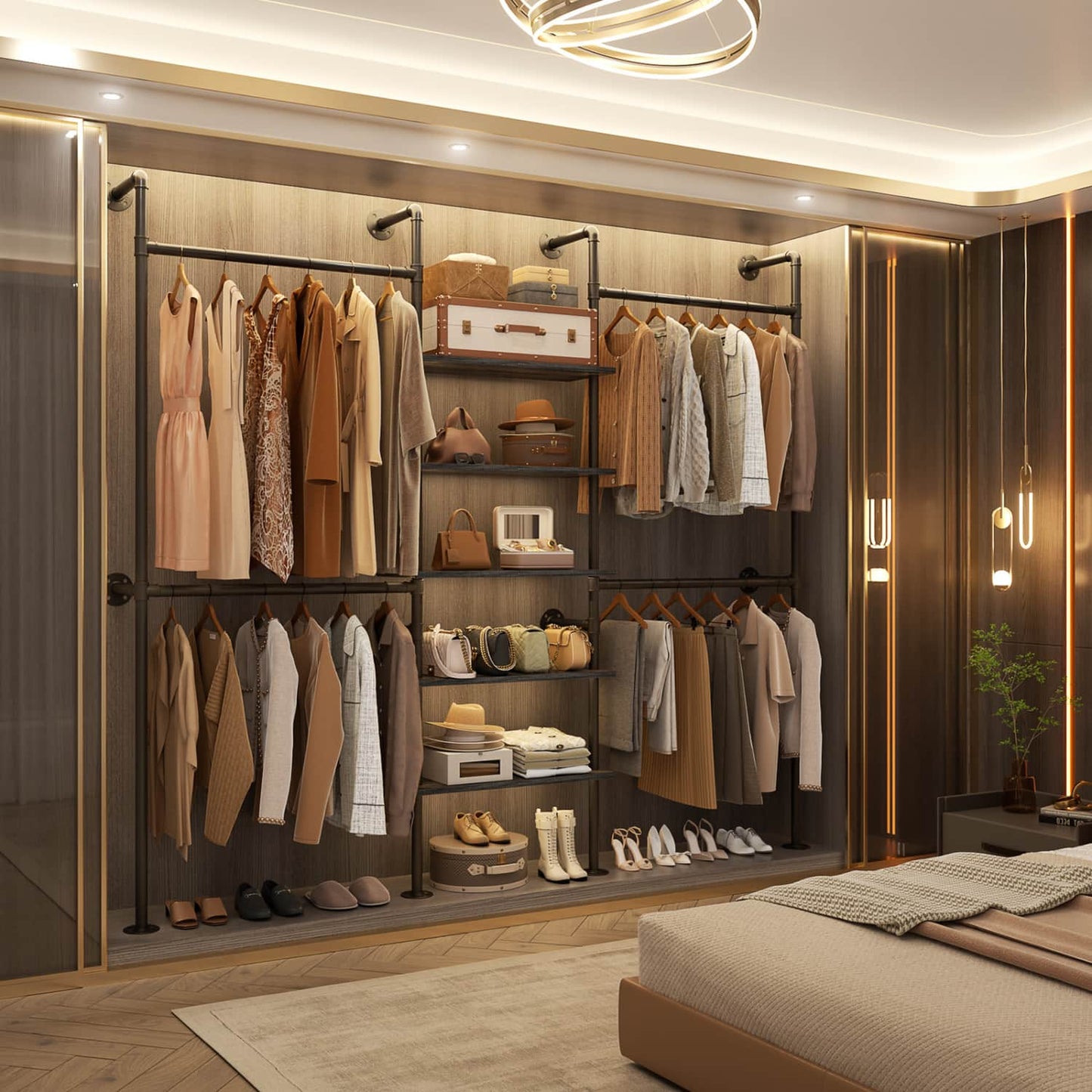 77-In Heavy-duty Garment Rack with Storage Shelves, Pipe Closet Organizer with 4 Hanging Rods