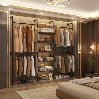 77-In Heavy-duty Garment Rack with Storage Shelves, Pipe Closet Organizer with 4 Hanging Rods