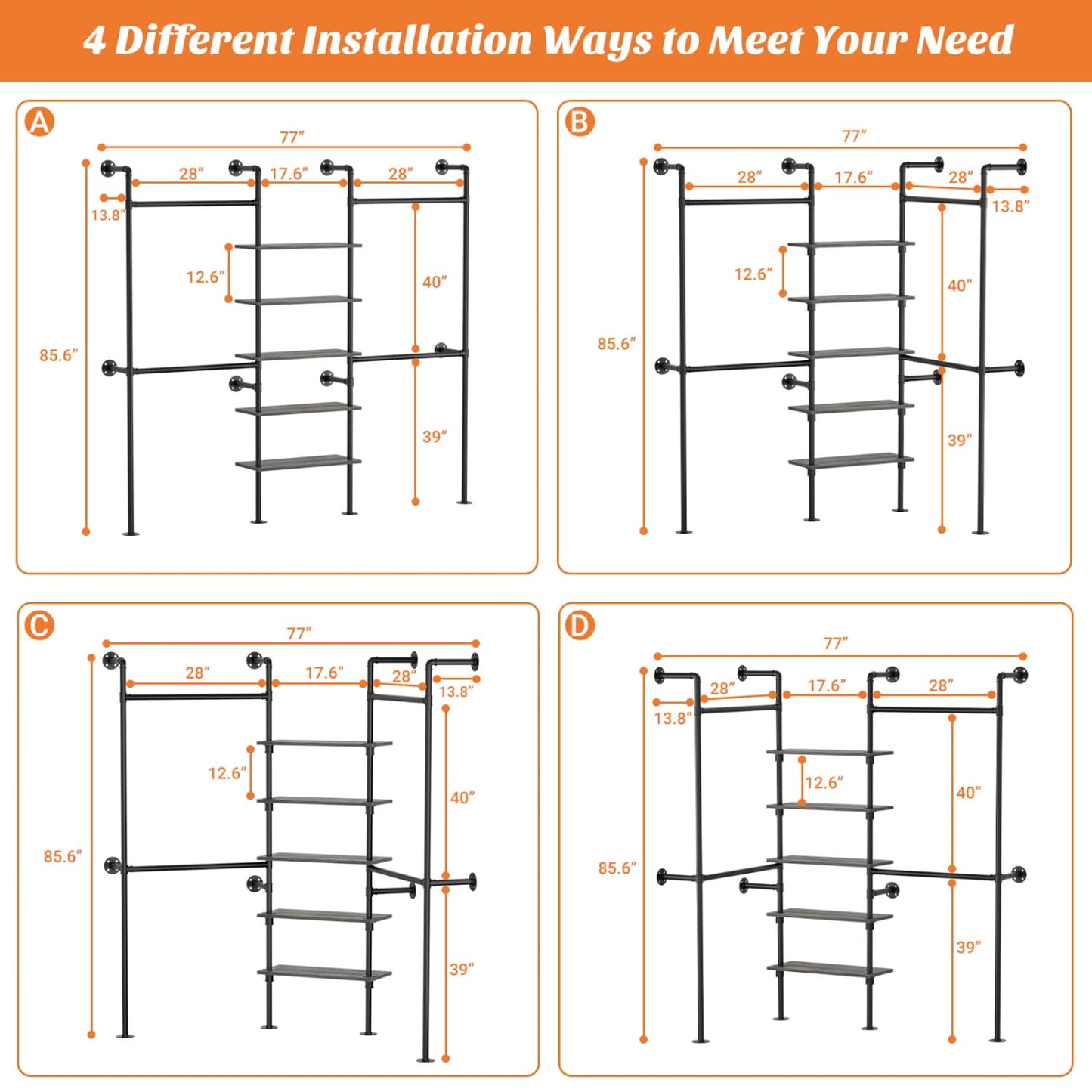 77-In Heavy-duty Garment Rack with Storage Shelves, Pipe Closet Organizer with 4 Hanging Rods