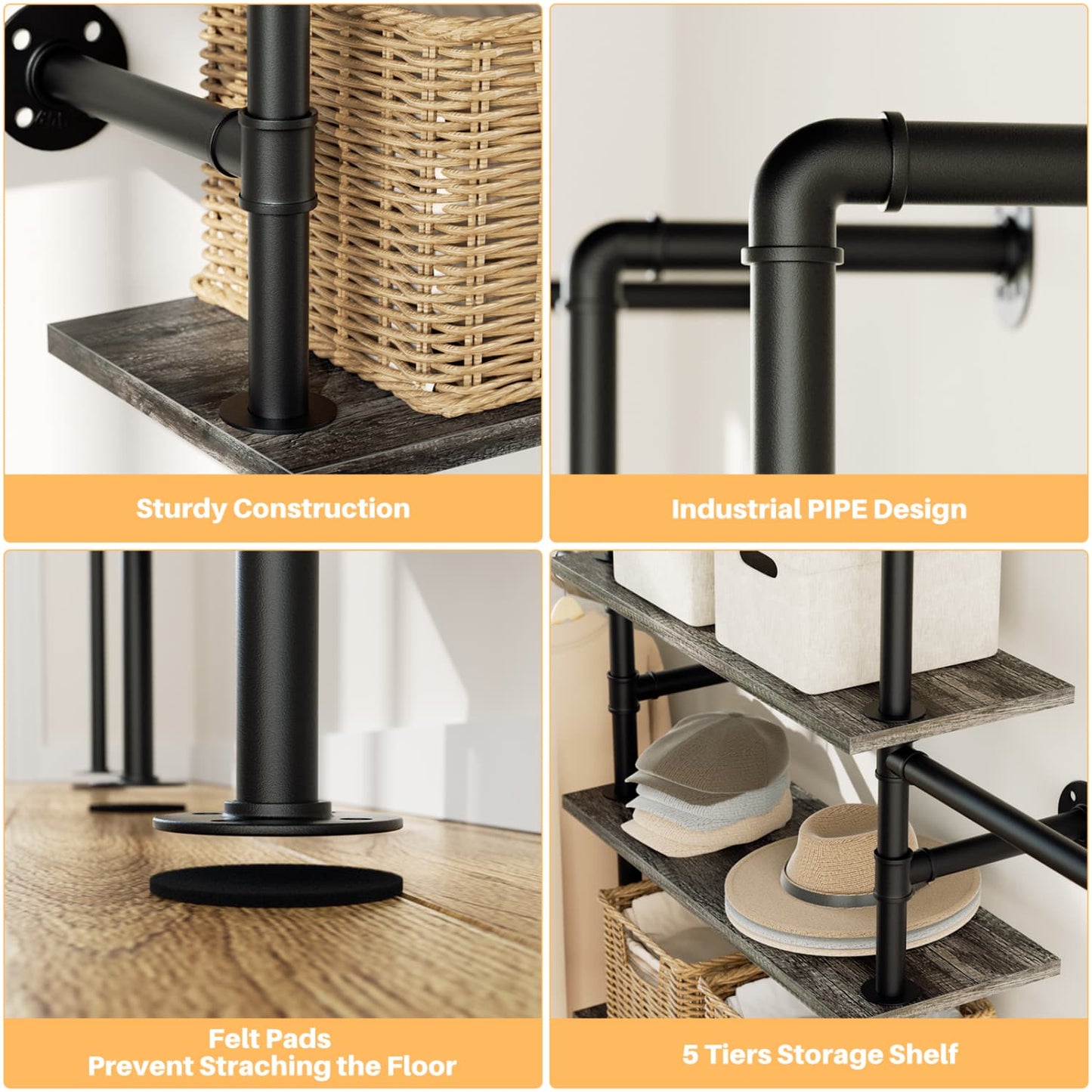 77-In Heavy-duty Garment Rack with Storage Shelves, Pipe Closet Organizer with 4 Hanging Rods