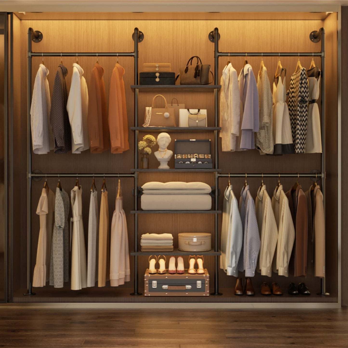 77-In Heavy-duty Garment Rack with Storage Shelves, Pipe Closet Organizer with 4 Hanging Rods