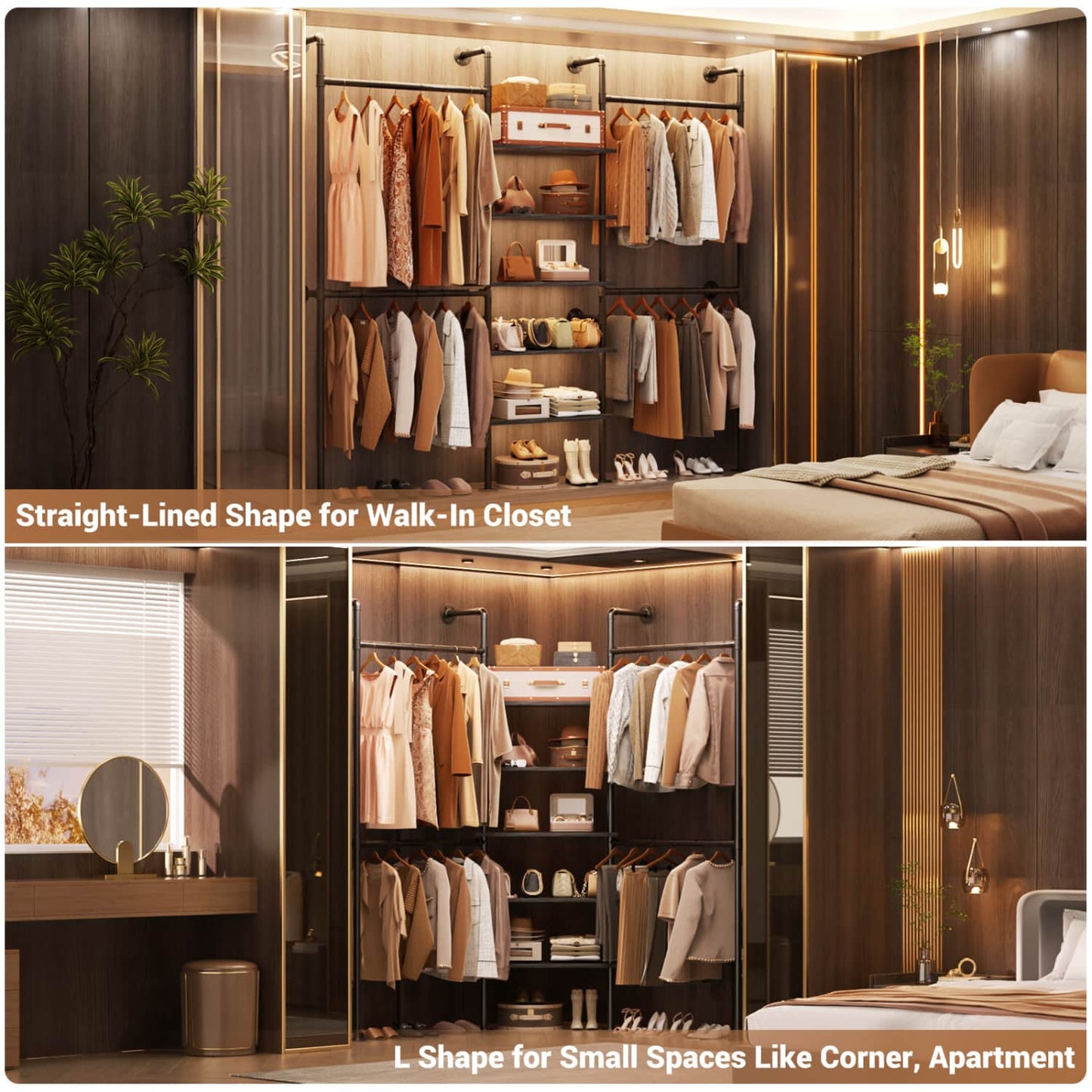 77-In Heavy-duty Garment Rack with Storage Shelves, Pipe Closet Organizer with 4 Hanging Rods
