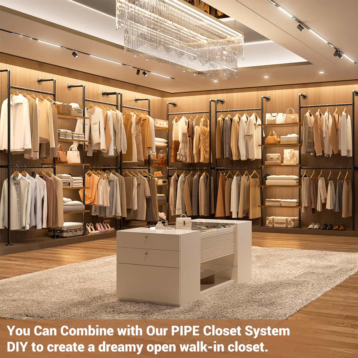 77-In Heavy-duty Garment Rack with Storage Shelves, Pipe Closet Organizer with 4 Hanging Rods