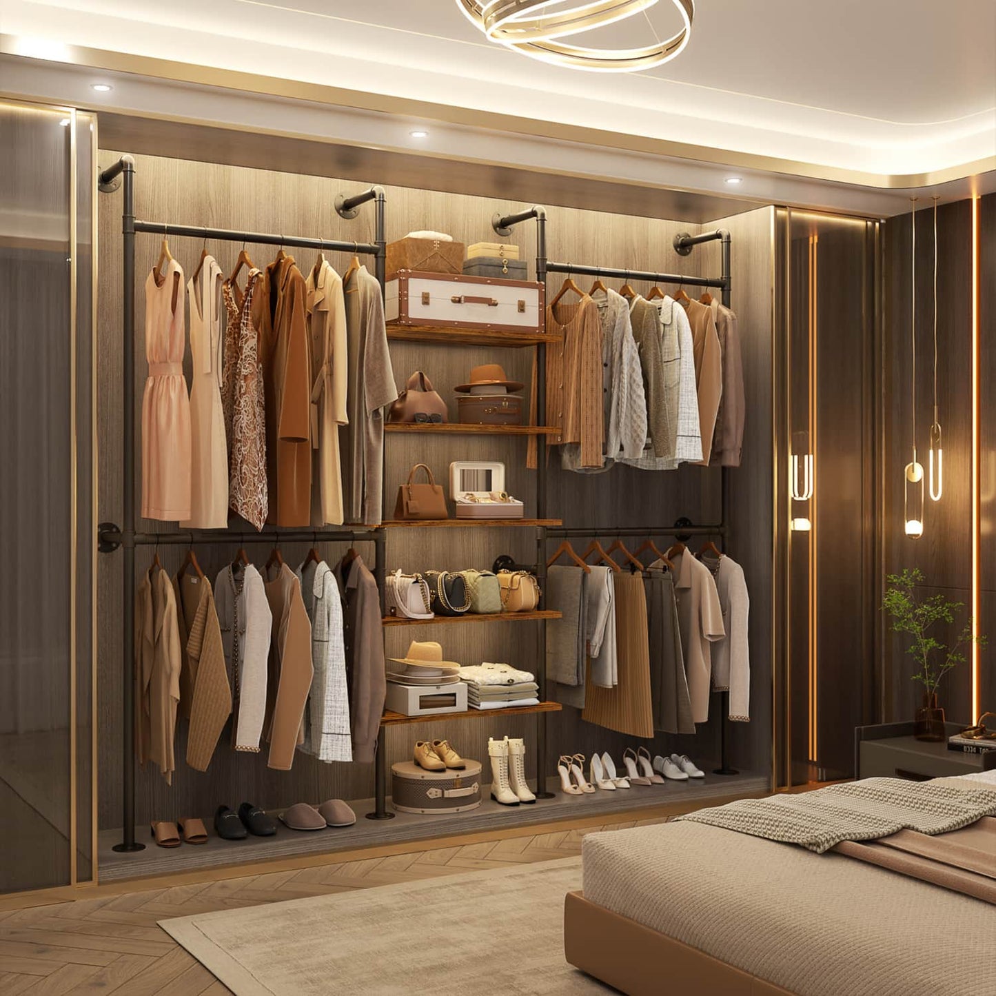 77-In Heavy-duty Garment Rack with Storage Shelves, Pipe Closet Organizer with 4 Hanging Rods