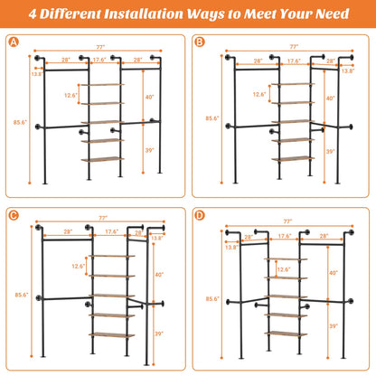 77-In Heavy-duty Garment Rack with Storage Shelves, Pipe Closet Organizer with 4 Hanging Rods