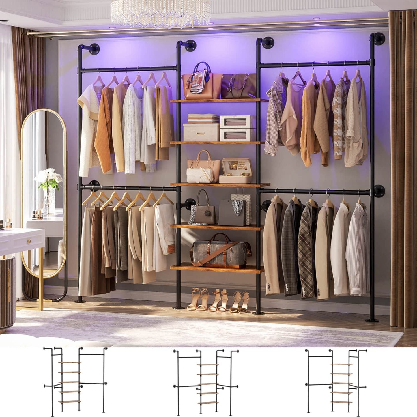 77-In Heavy-duty Garment Rack with Storage Shelves, Pipe Closet Organizer with 4 Hanging Rods
