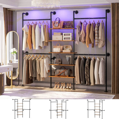 77-In Heavy-duty Garment Rack with Storage Shelves, Pipe Closet Organizer with 4 Hanging Rods