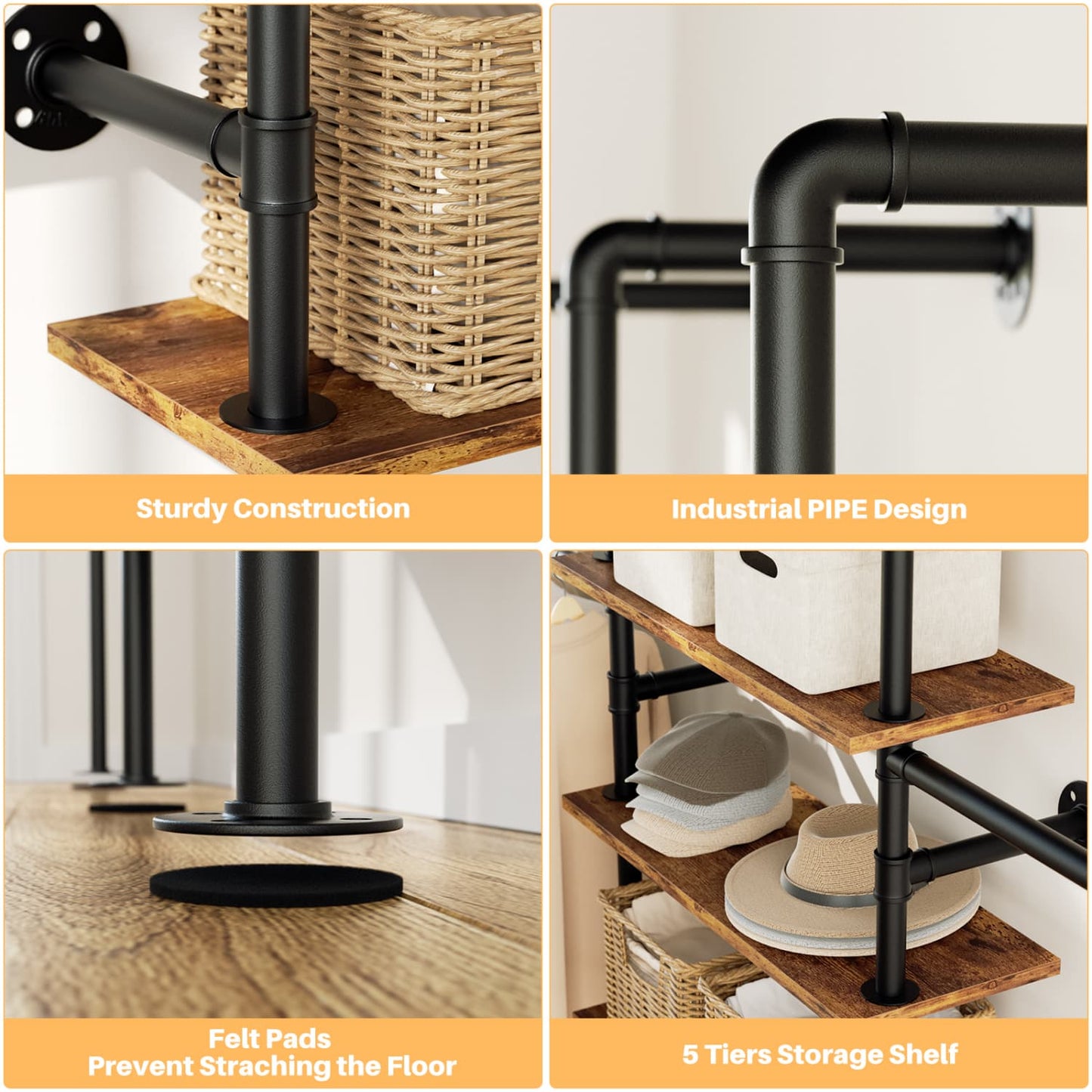 77-In Heavy-duty Garment Rack with Storage Shelves, Pipe Closet Organizer with 4 Hanging Rods