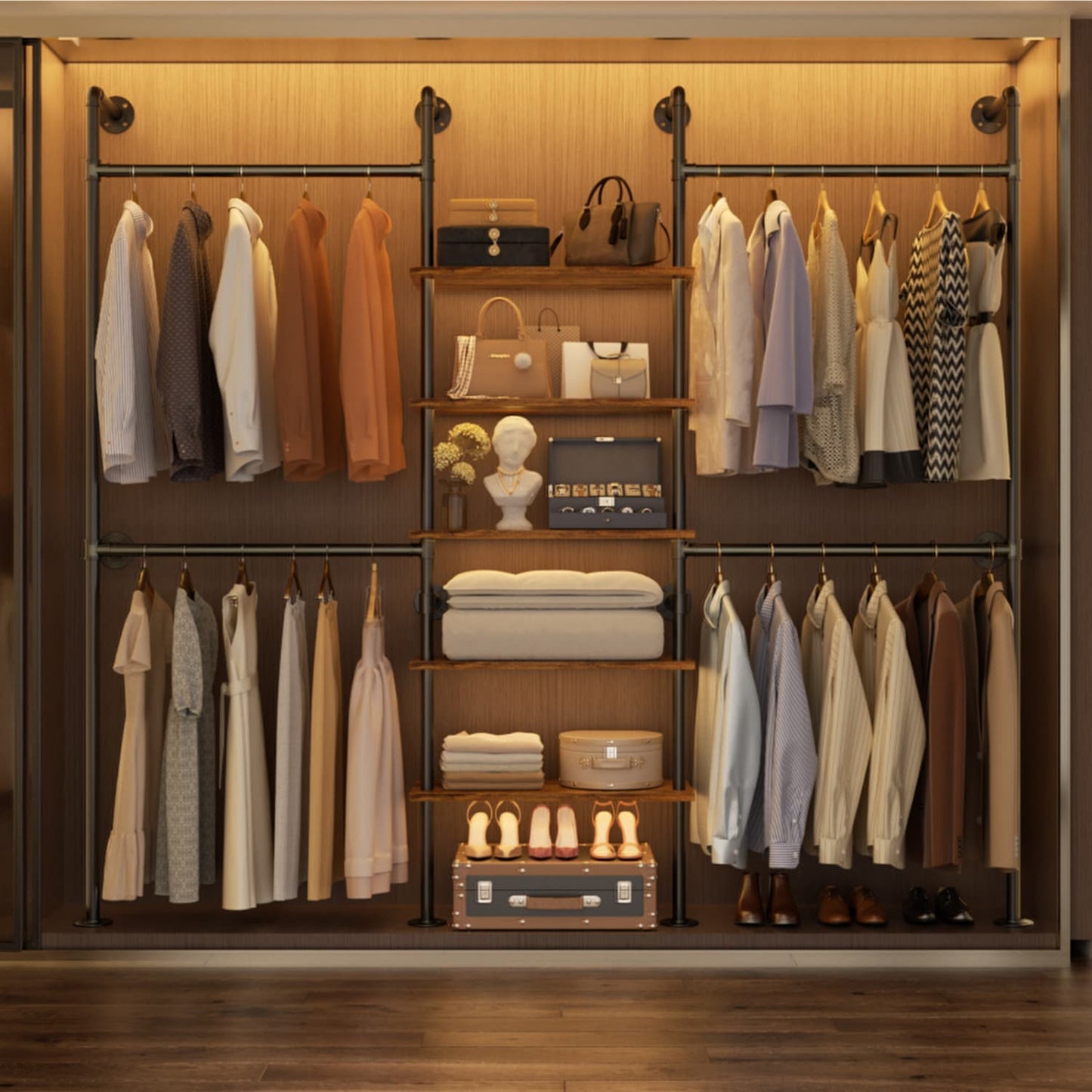 77-In Heavy-duty Garment Rack with Storage Shelves, Pipe Closet Organizer with 4 Hanging Rods