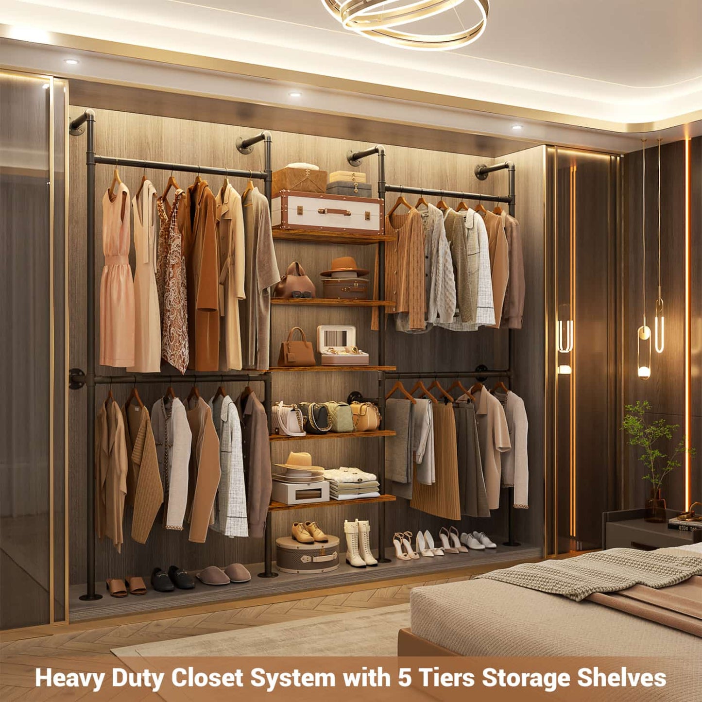 77-In Heavy-duty Garment Rack with Storage Shelves, Pipe Closet Organizer with 4 Hanging Rods