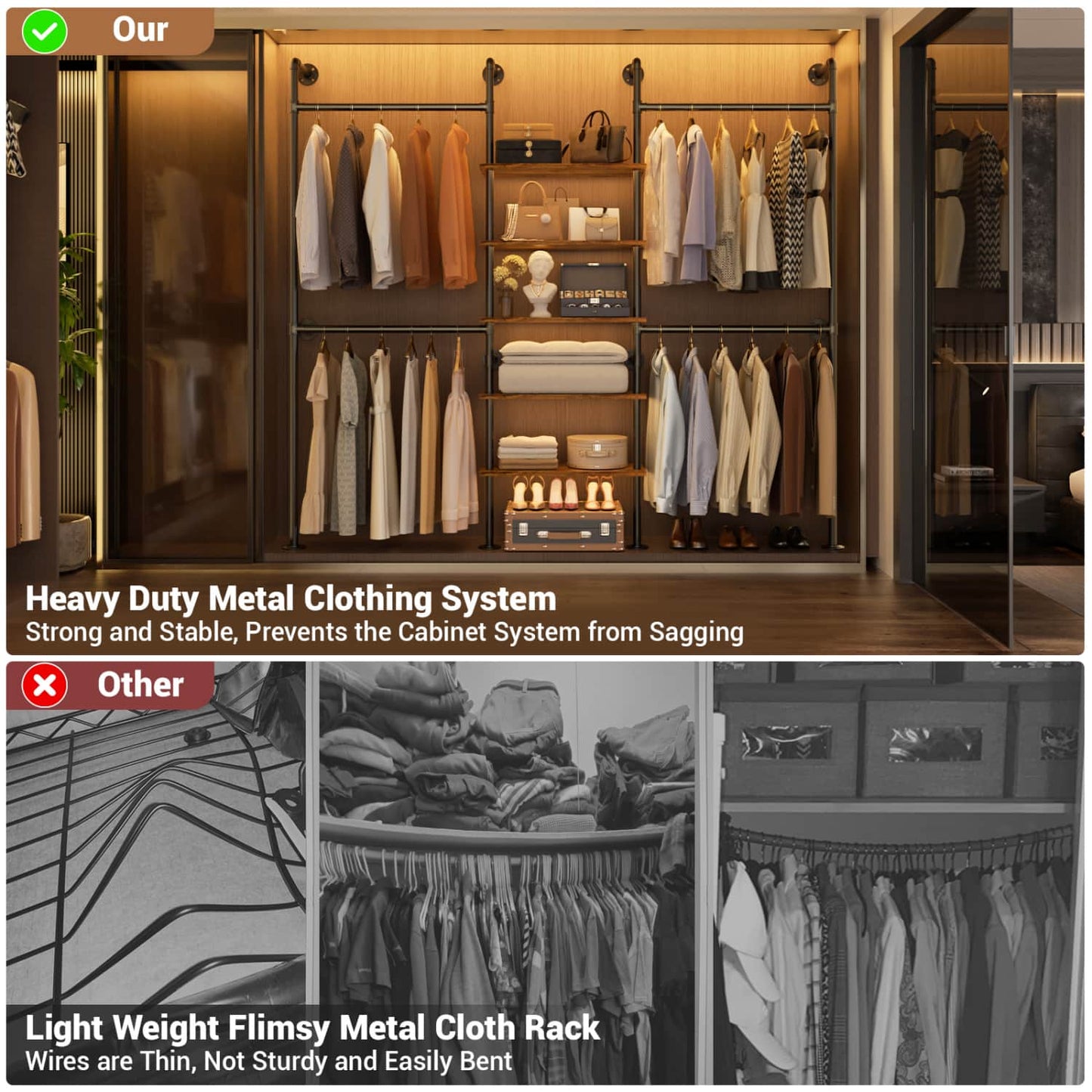 77-In Heavy-duty Garment Rack with Storage Shelves, Pipe Closet Organizer with 4 Hanging Rods