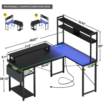 L Desk Computer Table with Reversible Hutch and Charging Station
