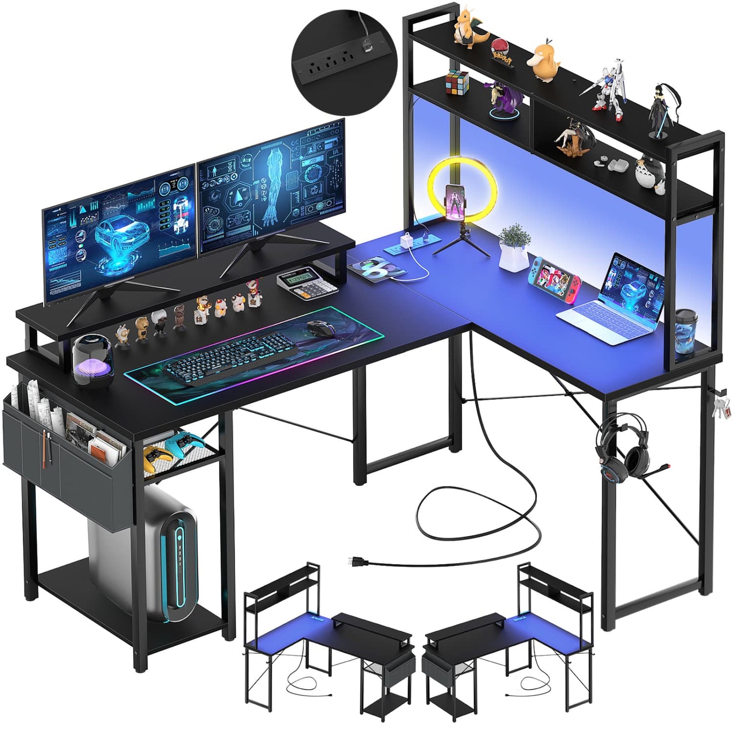 L Desk Computer Table with Reversible Hutch and Charging Station